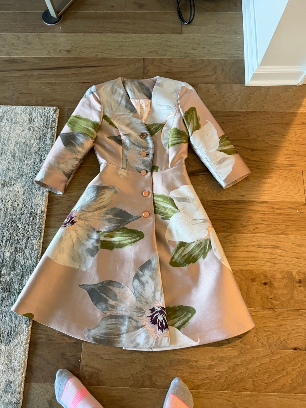 Ted Baker Pink Floral Satin Trench Coat with Green Leaves